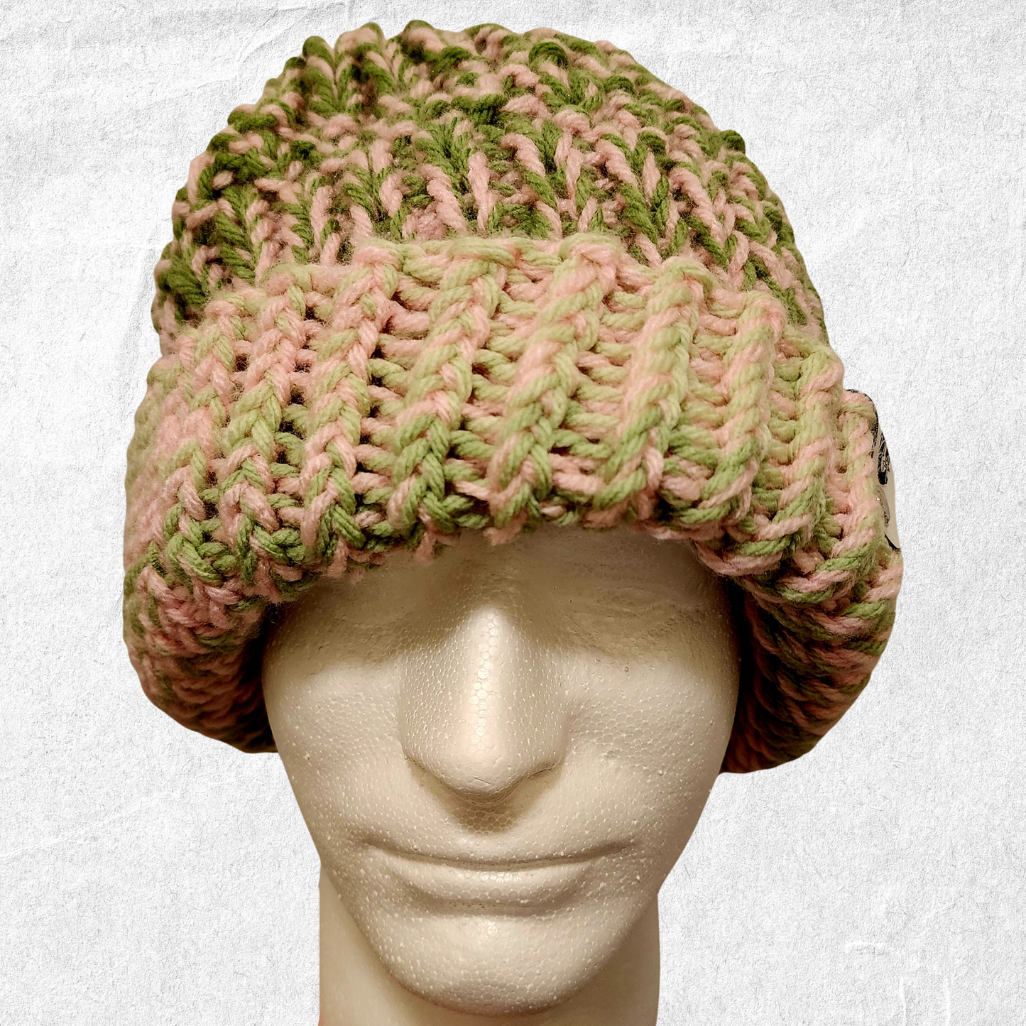 Chunky Knit Beanie – Pink + Green