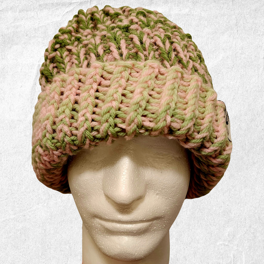 Chunky Knit Beanie – Pink + Green