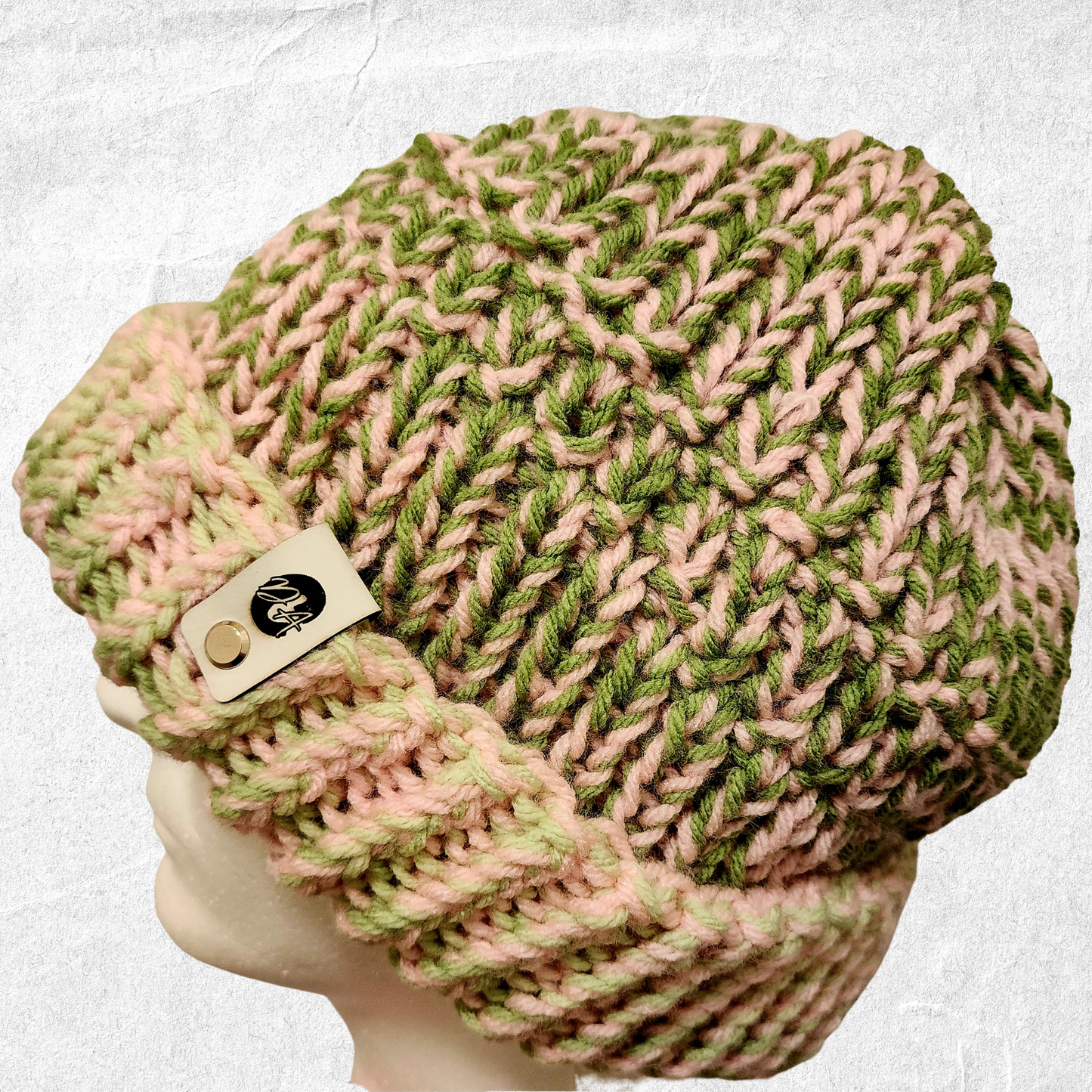 Chunky Knit Beanie – Pink + Green