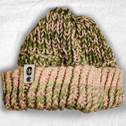 Chunky Knit Beanie – Pink + Green